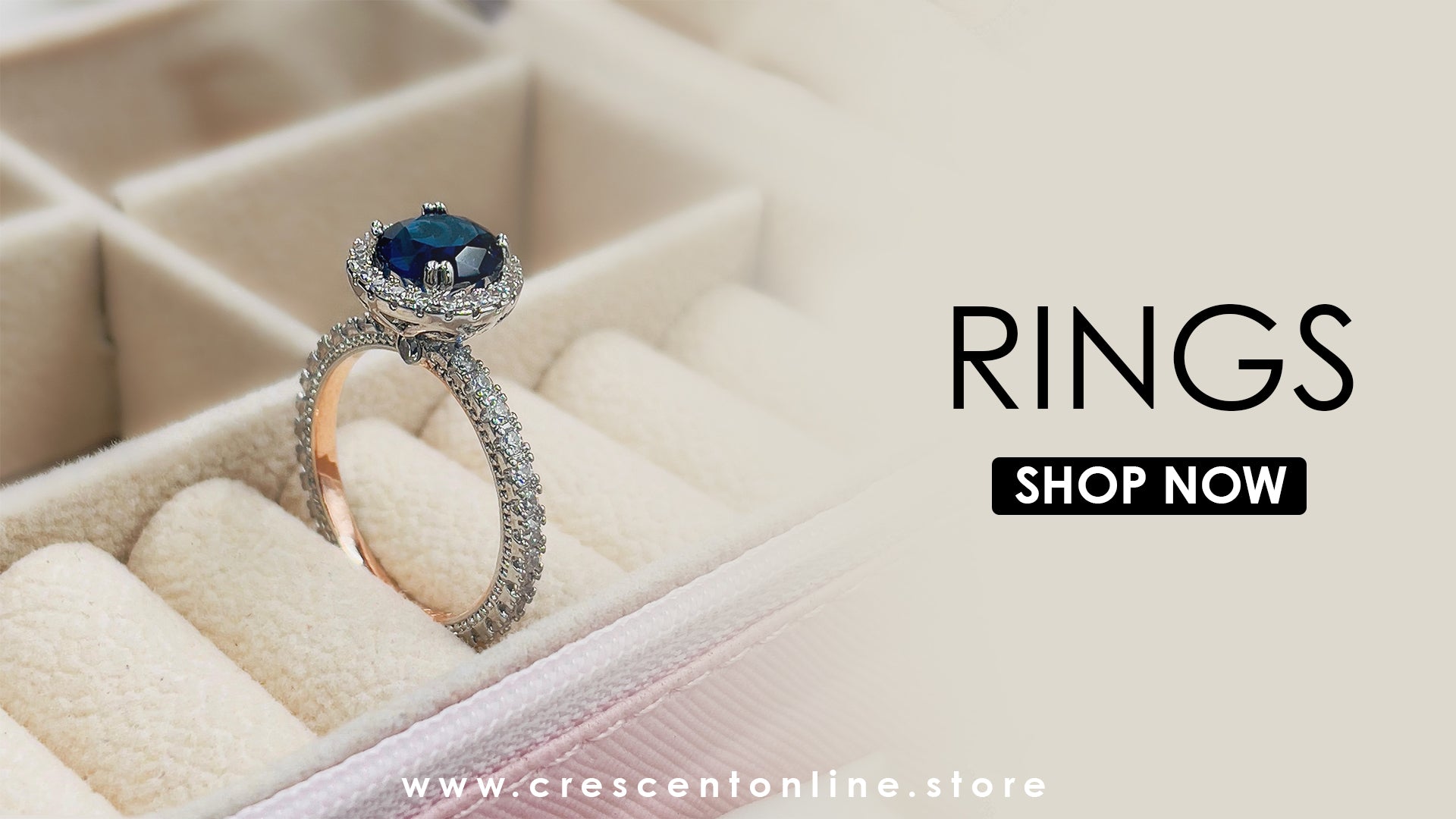 Stylish jewelry banner showcasing Crescent Online's latest collection with premium gold and diamond pieces